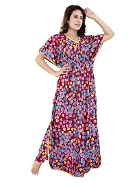 V - VENZA Women's Satin Kaftan Free Size Night Gown Lightweight Sleepwear Soft Knit V-Neck Casual Ladies Loungewear Printed Nightsuit Nightdress Maroon-thumb2