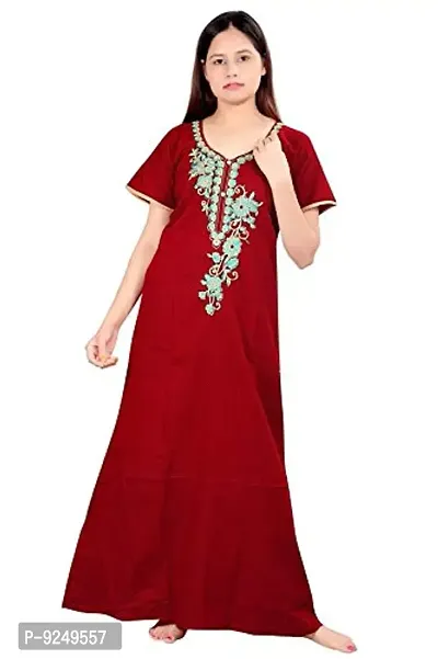 BAILEY SELLS Women's Cotton Embroidered Maxi Nightgown (BAILEY1429_Maroon_Free Size)-thumb0
