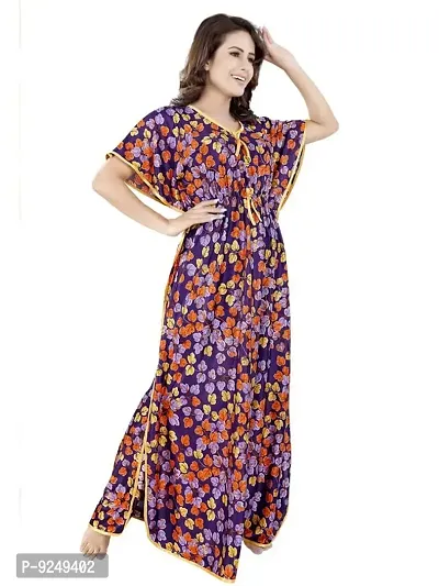 V - VENZA Women's Satin Kaftan Free Size Night Gown Lightweight Sleepwear Soft Knit V-Neck Casual Ladies Loungewear Printed Nightsuit Nightdress Purple-thumb3