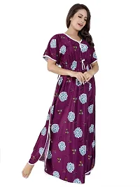 V - VENZA Women's Satin Kaftan Free Size Night Gown Lightweight Sleepwear Soft Knit V-Neck Casual Ladies Loungewear Printed Nightsuit Nightdress Wine-thumb2