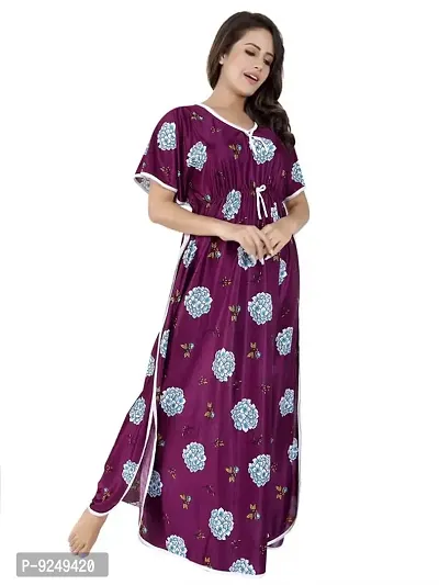 V - VENZA Women's Satin Kaftan Free Size Night Gown Lightweight Sleepwear Soft Knit V-Neck Casual Ladies Loungewear Printed Nightsuit Nightdress Wine-thumb3