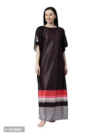 BAILEY SELLS Women's Premium Satin Printed Maxi Length Kaftan Nightdress (BSR0115_Black_Free Size)-thumb0