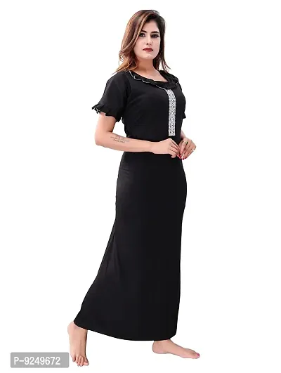 BAILEY SELLS Women Cotton Embroidered Maxi Nightgown (BSR0021_Black_Free Size)-thumb3