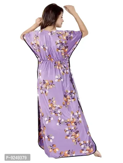 V - VENZA Women's Satin Kaftan Free Size Night Gown Lightweight Sleepwear Soft Knit V-Neck Casual Ladies Loungewear Printed Nightsuit Nightdress Purple-thumb3