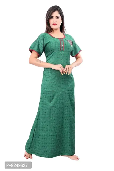 BAILEY SELLS Women's Cotton Embroidered Maxi Nightgown (BAILEY1726_Green_Free Size)-thumb3