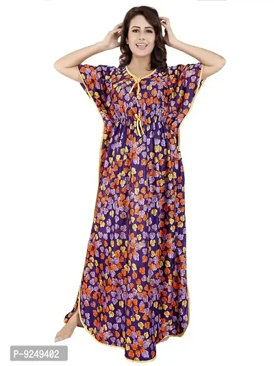 V - VENZA Women's Satin Kaftan Free Size Night Gown Lightweight Sleepwear Soft Knit V-Neck Casual Ladies Loungewear Printed Nightsuit Nightdress Purple