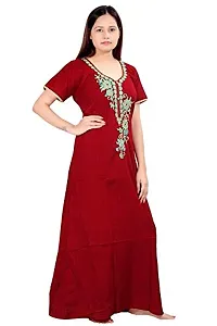 BAILEY SELLS Women's Cotton Embroidered Maxi Nightgown (BAILEY1429_Maroon_Free Size)-thumb1