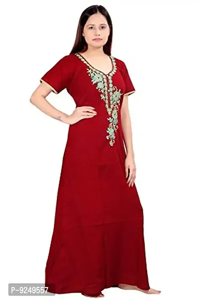 BAILEY SELLS Women's Cotton Embroidered Maxi Nightgown (BAILEY1429_Maroon_Free Size)-thumb2