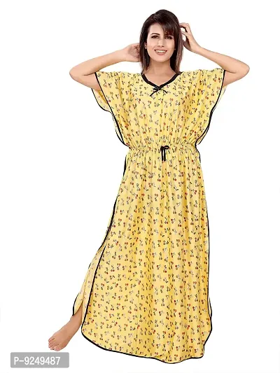 BAILEY SELLS Women's Satin Floral Print Kaftan Maxi Nightgown (BAILEY1742_Yellow)