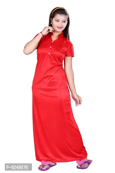 Bailey Red Color Satin Long Night Gown for Womens Nighty Night (Free Size)-thumb0