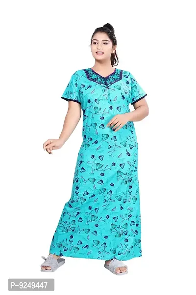 BAILEY SELLS Women's Cotton Printed Maxi Nightgown (BAILEY1520_Sky Blue_Free Size)