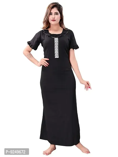 BAILEY SELLS Women Cotton Embroidered Maxi Nightgown (BSR0021_Black_Free Size)