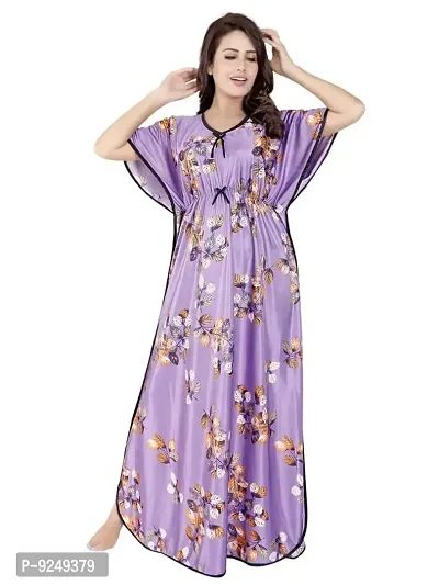 V - VENZA Women's Satin Kaftan Free Size Night Gown Lightweight Sleepwear Soft Knit V-Neck Casual Ladies Loungewear Printed Nightsuit Nightdress Purple-thumb0