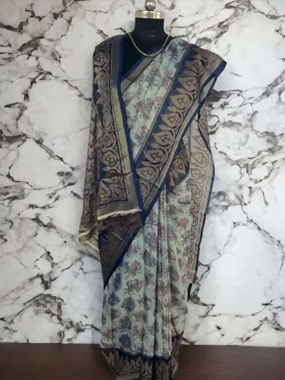Elegant Navy Blue Chanderi Silk Jacquard Saree With Blouse Piece