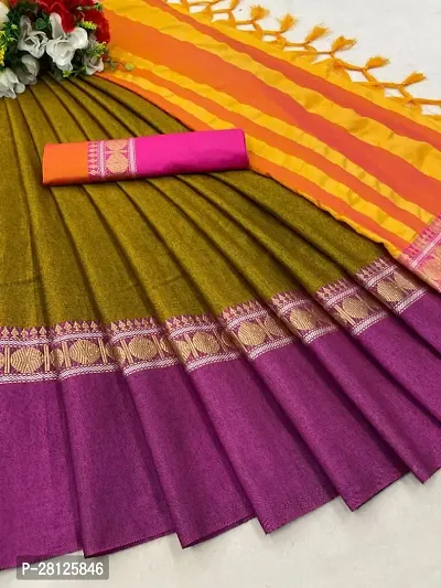 Beautiful Soft Cotton Silk with Broad Contrast Border Sarees with Blouse Pieces
