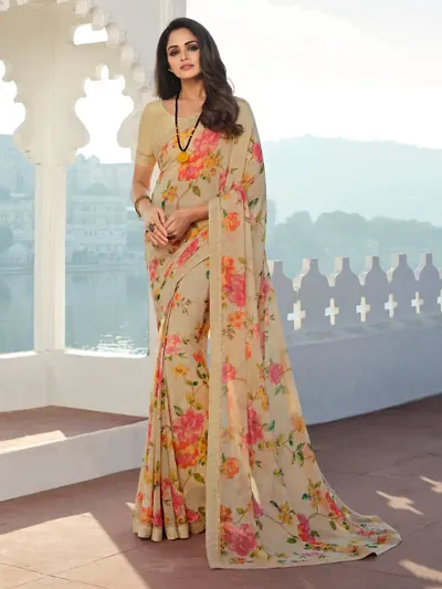 ROOP SUNDARI SAREES Women's Floral Printed Georgette Saree For Women 2023 Top Selling Hit Sari Sadi With Dyeable Lace Border With Banglori Blouse(A54 Variation_Multicolored_Free Size 6.30)