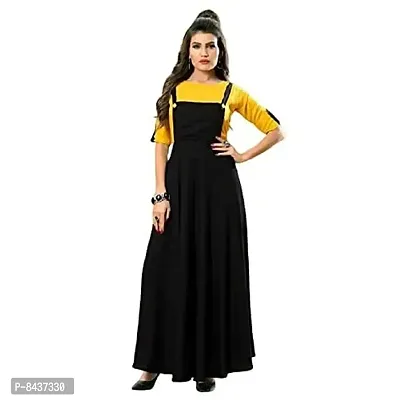 Women's A-Line Maxi Dungaree with T-shirt (DV-101_Yellow_Small)