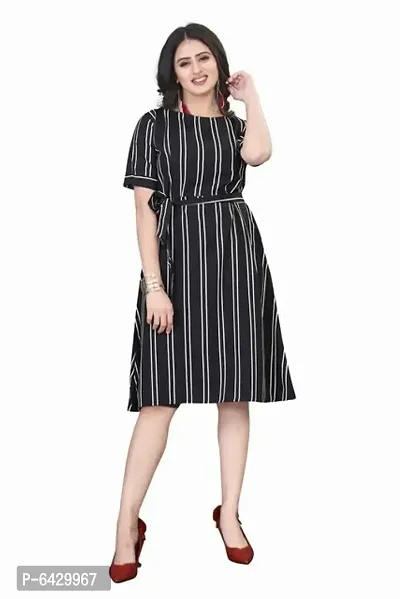 Stylish Crepe Striped Boat Neck Short Sleeve Dress For Women-thumb0