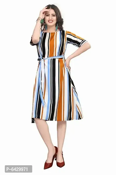 Stylish Crepe Striped Boat Neck Short Sleeve Dress For Women