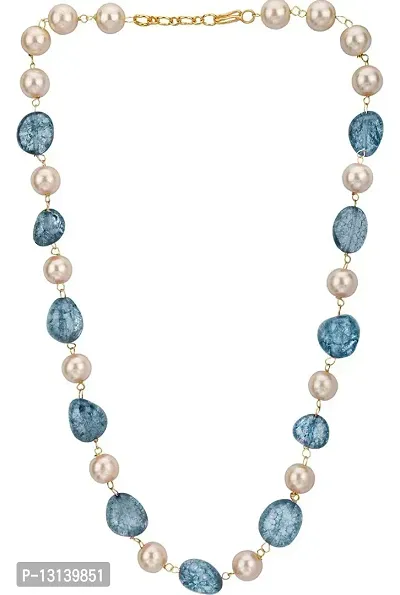 Manbhar Gems Tourmaline with Pearl Gemstone Tumble Fancy Beaded Mala Stylish Chain Necklace for Girl and Women 1 Layer Strand Blue Colour Fashion Jewellery-thumb0