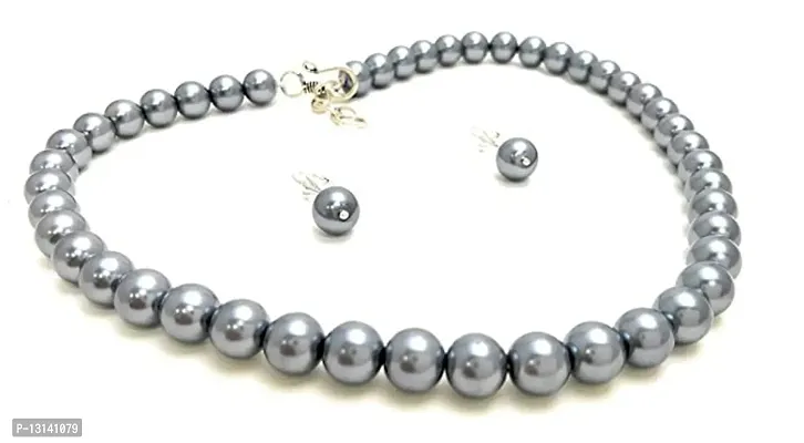 MANBHAR GEMS - Pearl Necklace Set with Earring for Girl and Women 1 Layer Grey Mala For Girl and Women Fashion Jewellery (Grey)-thumb0