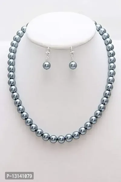 MANBHAR GEMS - Pearl Necklace Set with Earring for Girl and Women 1 Layer Grey Mala For Girl and Women Fashion Jewellery (Grey)-thumb3