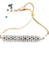 Manbhar Gems - Pearl Kundan Long 5 Layer Necklace With Kundan Earring, Mang Tika and Chik Necklace for Women Traditional Wedding Party Ethnic Set Adorable Gold Plated Kundan Choker-thumb1