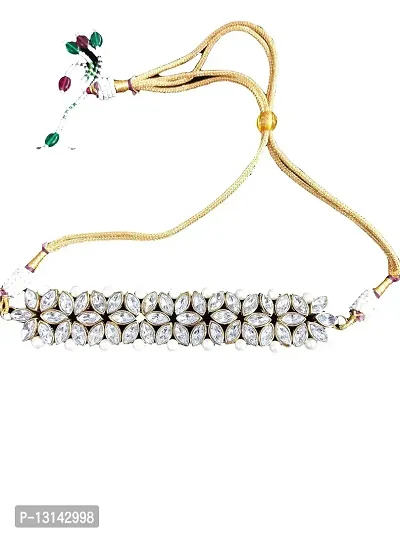 Manbhar Gems - Pearl Kundan Long 5 Layer Necklace With Kundan Earring, Mang Tika and Chik Necklace for Women Traditional Wedding Party Ethnic Set Adorable Gold Plated Kundan Choker-thumb2