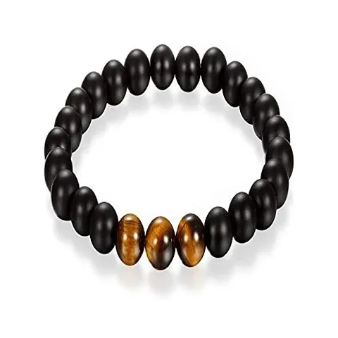 Manbhar Gems Natural Black Onyx with Tiger's Eye Beads Bracelet for Reiki Healing Stretchable Elastic Handmade Rakhi Bracelet Black Colour for Women and Men Fashion Jewellery Earring 1 Pair