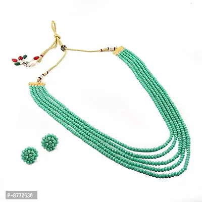 Rama Green Color Crystal Gemstone Beads Necklace Set for girl and Women 5 layer Mala With Stud Earring stylish traditional Beaded Fashion jewellery