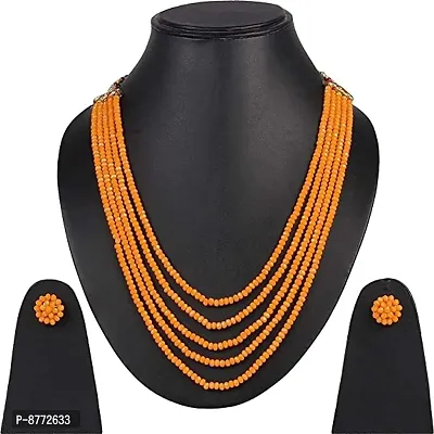 Mango Yellow Color  Crystal Gemstone Beads Necklace Set for girl and Women 5 layer Mala With Stud Earring stylish traditional Beaded Fashion jewellery