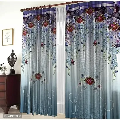 NF 3D Flowers Digital Printed Polyester Fabric Curtains for Bed Room, Living Room Kids Room Curtains Color Blue Window/Door/Long Door (D.N.286)-thumb0