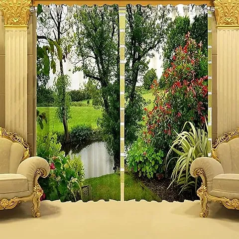 NF 3D Scenery Digital Printed Polyester Fabric Curtains for Bed Room, Living Room Kids Room Curtains Color Green Window/Door/Long Door (D.N.87)