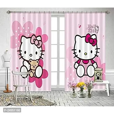 NF 3D Kitty Digital Printed Polyester Fabric Curtains for Bed Room, Living Room Kids Room Curtains Color Pink Window/Door/Long Door (D.N.91)-thumb0