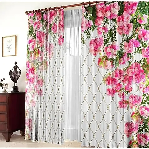 NF 3D Pink Flowers Digital Printed Polyester Fabric Curtains for Bed Room, Living Room Kids Room Curtains Color White Window/Door/Long Door (D.N.169)