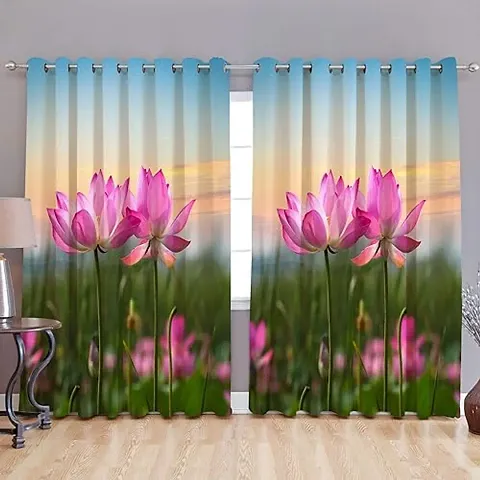 NF 3D Lotus Flowers Digital Printed Polyester Fabric Curtains for Bed Room, Living Room Kids Room Curtains Color Pink Window/Door/Long Door (D.N.71)