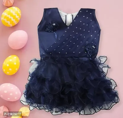 Elegant Navy Blue Cotton Self Pattern Frocks For Girls