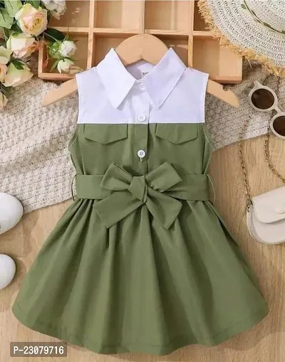 Elegant Green Cotton Solid Dresses For Girls