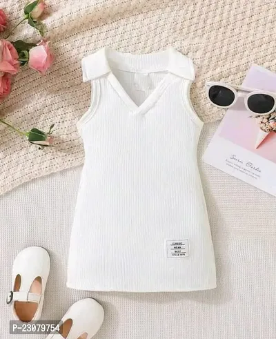 Elegant White Cotton Self Pattern Dresses For Girls