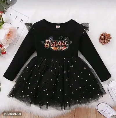 Elegant Black Cotton Self Pattern Frocks For Girls