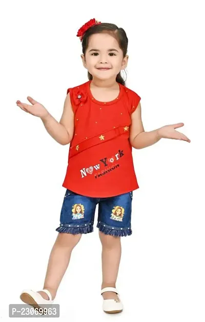 Pretty Cotton Red Printed Top With Shorts For Girls-thumb0