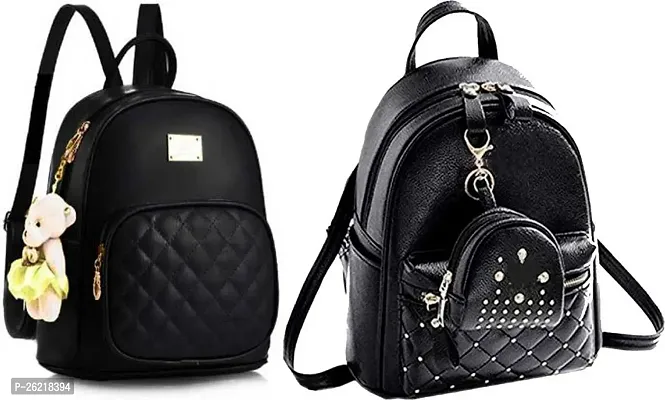 Stylish Black PU Backpack For Women Combo Of 2