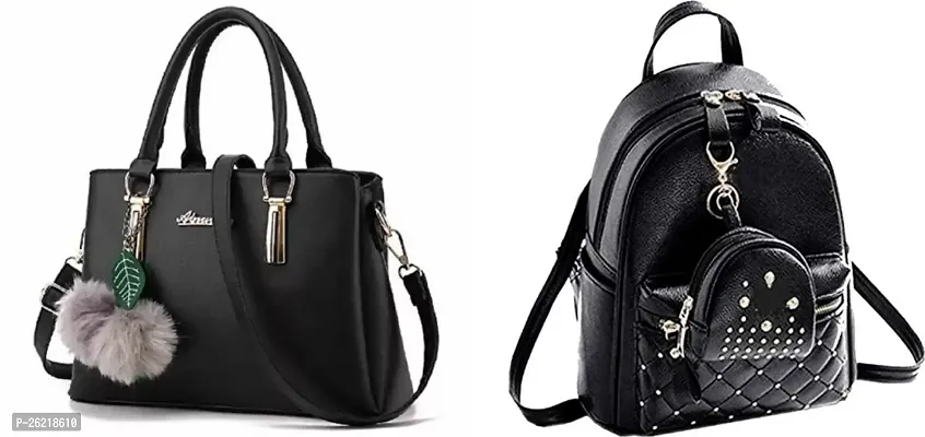 Stylish Black PU Handbag And Backpack For Women Combo Of 2-thumb0