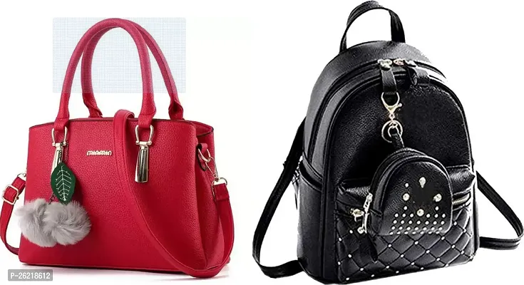 Stylish Multicoloured PU Handbag And Backpack For Women Combo Of 2