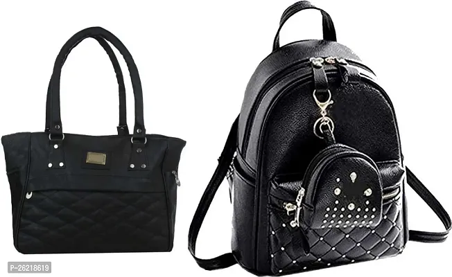 Stylish Black PU Handbag And Backpack For Women Combo Of 2