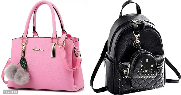 Stylish Multicoloured PU Handbag And Backpack For Women Combo Of 2