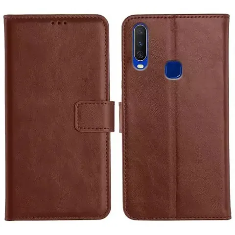 Cloudza Vivo Y15 Flip Back Cover | PU Leather Flip Cover Wallet Case with TPU Silicone Case Back Cover for Vivo Y15 Brown