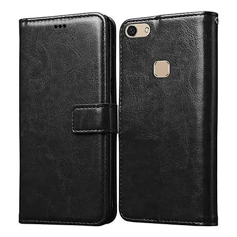 KDM Flip Cover for Vivo V7 Mobile Phone Case | Leather Finish | Magnetic Closure | Shock Proof Wallet Mobile Phone Cover -Black