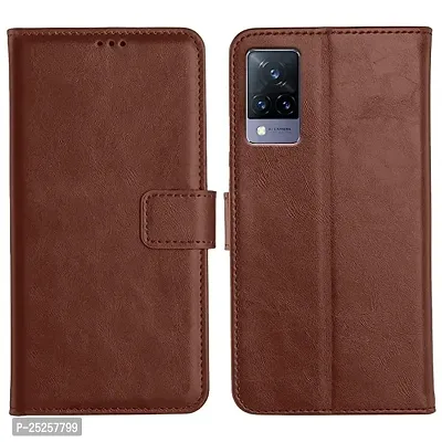 KDM  Leather Flip Case Back Cover for Vivo V21 5G (Flexible, Shock Proof | Hand Stitched Leather Finish | Card Pockets Wallet  Stand | Brown-thumb0