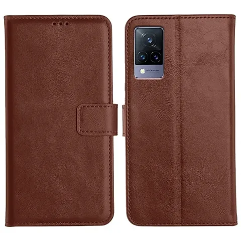 Cloudza Vivo V21 5G Flip Back Cover | PU Leather Flip Cover Wallet Case with TPU Silicone Case Back Cover for Vivo V21 5G Brown